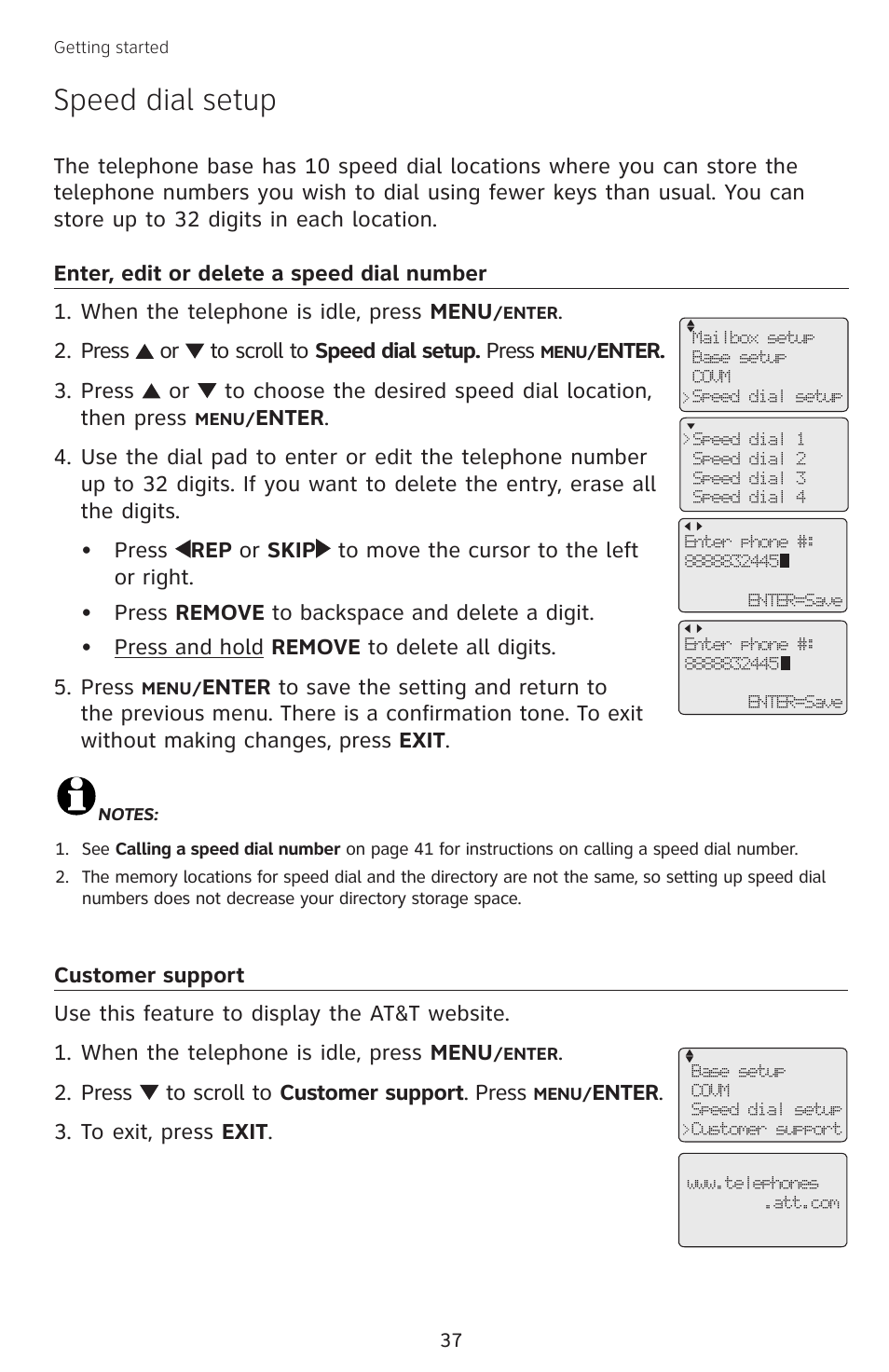 Speed dial setup, Enter, edit or delete a speed dial number, Customer support | Enter, edit or delete a, Speed dial number | AT&T SB67138 User Manual | Page 43 / 110
