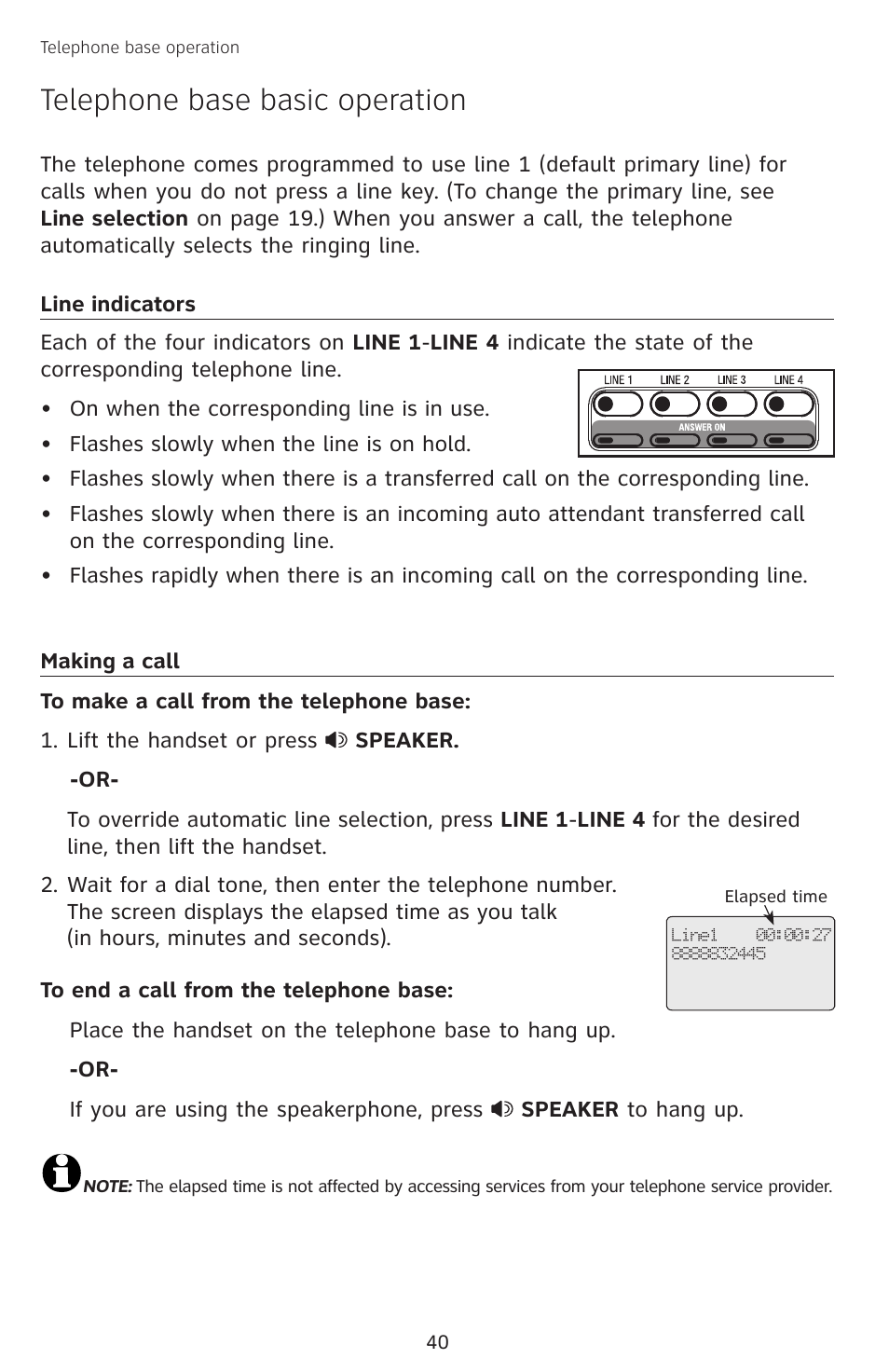 Telephone base operation, Telephone base basic operation, Line indicators | Making a call, Line indicators making a call | AT&T SB67138 User Manual | Page 46 / 110