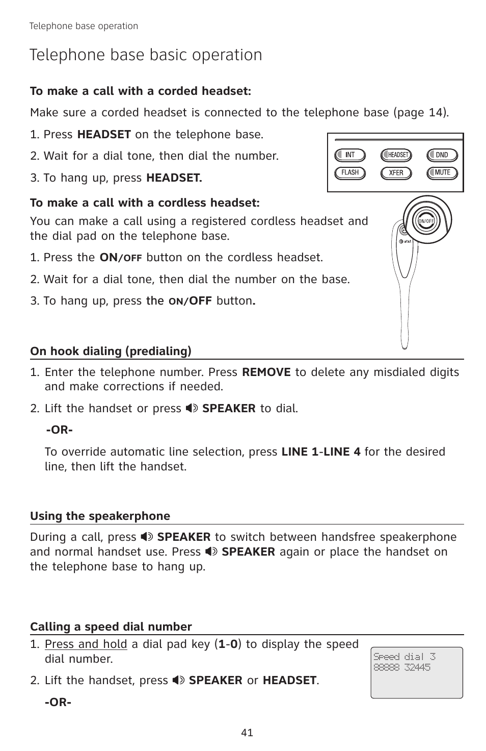 On hook dialing (predialing), Using the speakerphone, Calling a speed dial number | Telephone base basic operation | AT&T SB67138 User Manual | Page 47 / 110