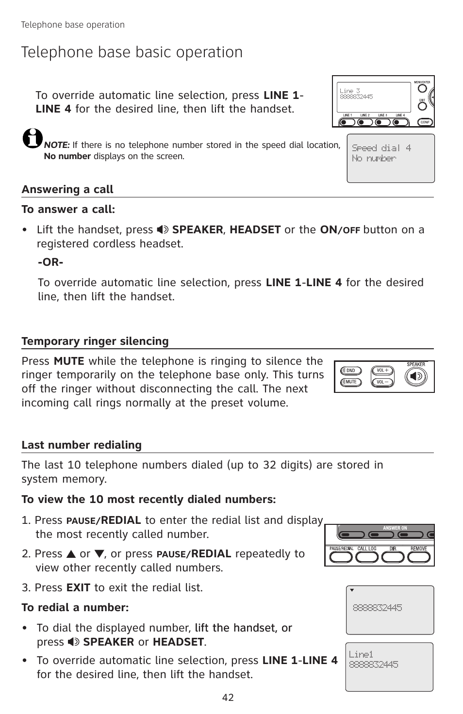 Answering a call, Temporary ringer silencing, Last number redialing | Telephone base basic operation | AT&T SB67138 User Manual | Page 48 / 110