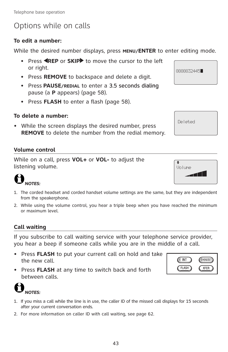 Options while on calls, Volume control, Call waiting | Volume control call waiting | AT&T SB67138 User Manual | Page 49 / 110
