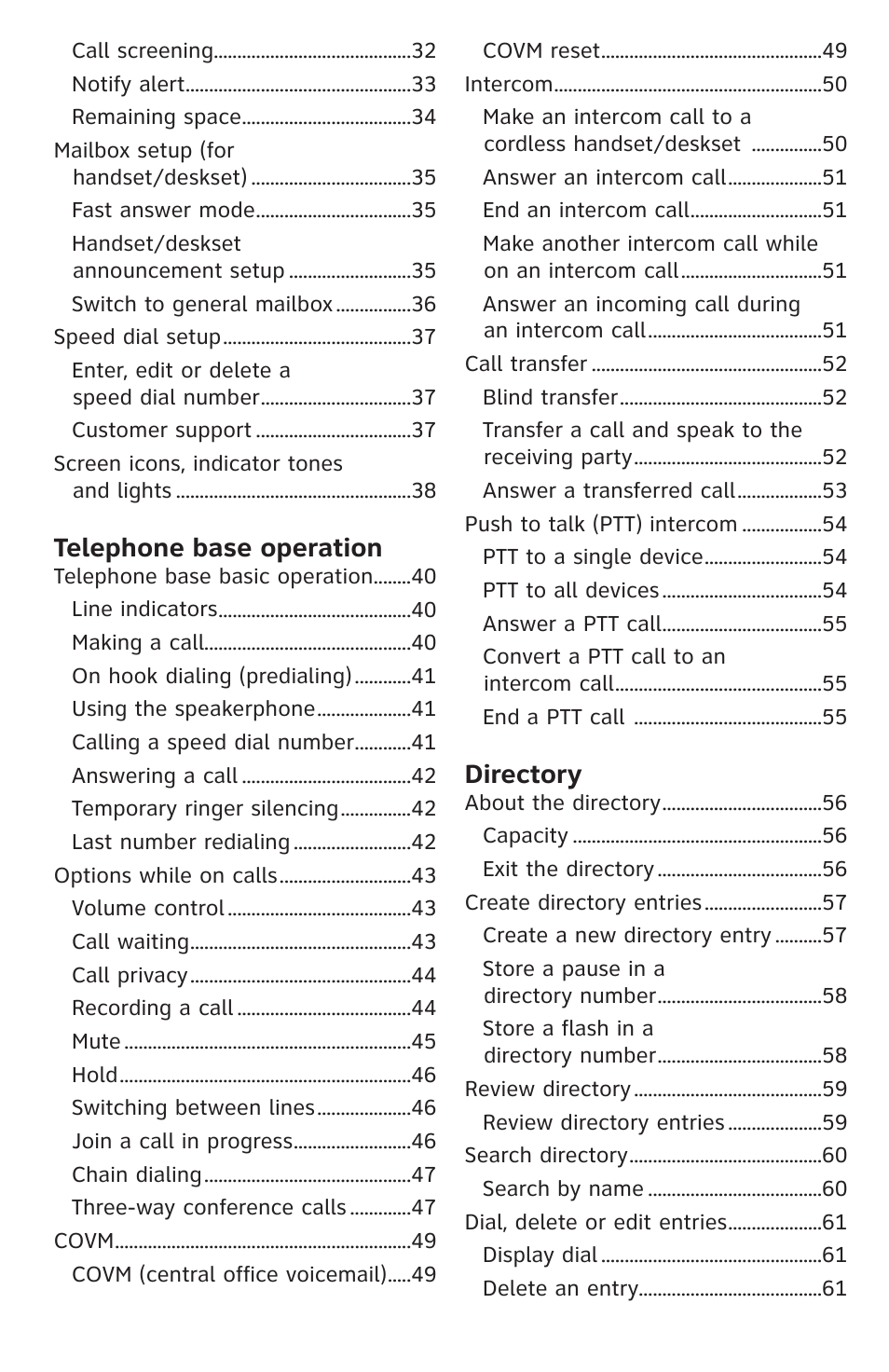 Telephone base operation, Directory | AT&T SB67138 User Manual | Page 5 / 110