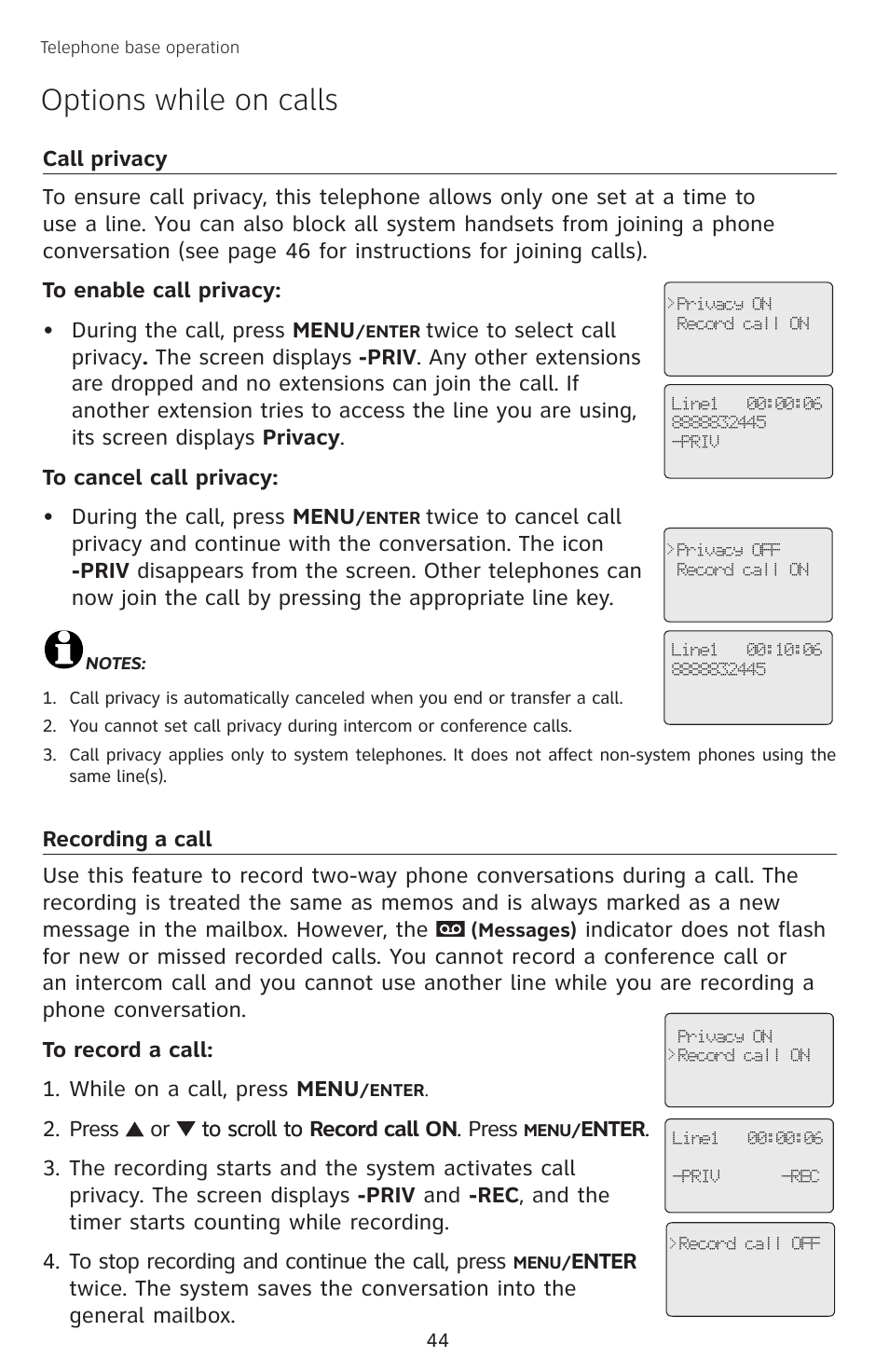 Call privacy, Recording a call, Call privacy recording a call | Options while on calls | AT&T SB67138 User Manual | Page 50 / 110