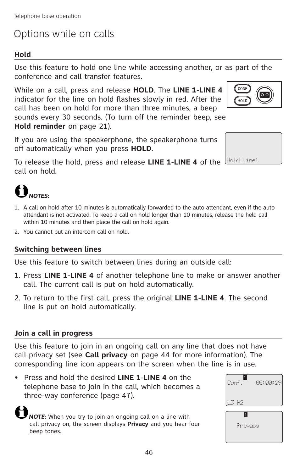 Hold, Switching between lines, Join a call in progress | Options while on calls | AT&T SB67138 User Manual | Page 52 / 110