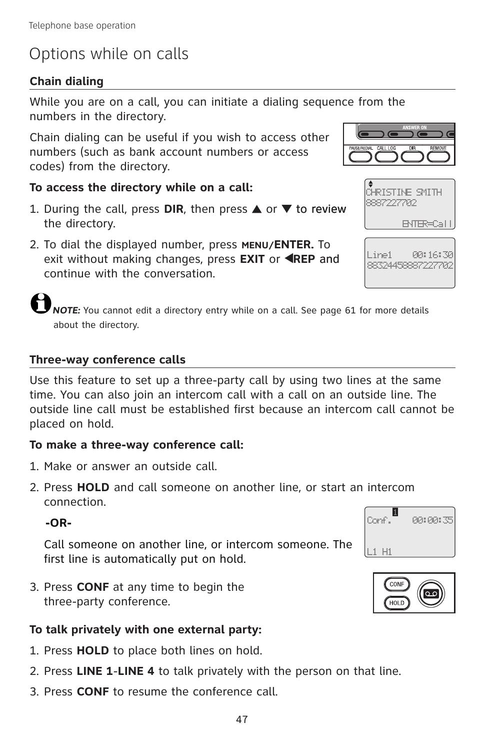 Chain dialing, Three-way conference calls, Chain dialing three-way conference calls | Options while on calls | AT&T SB67138 User Manual | Page 53 / 110