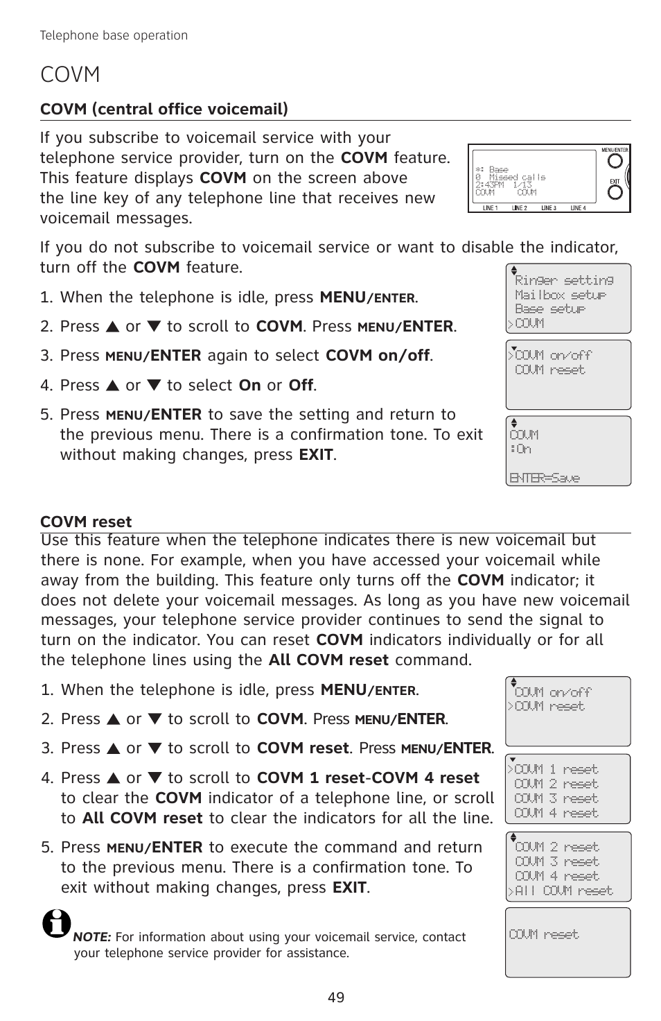 Covm, Covm (central office voicemail), Covm reset | AT&T SB67138 User Manual | Page 55 / 110