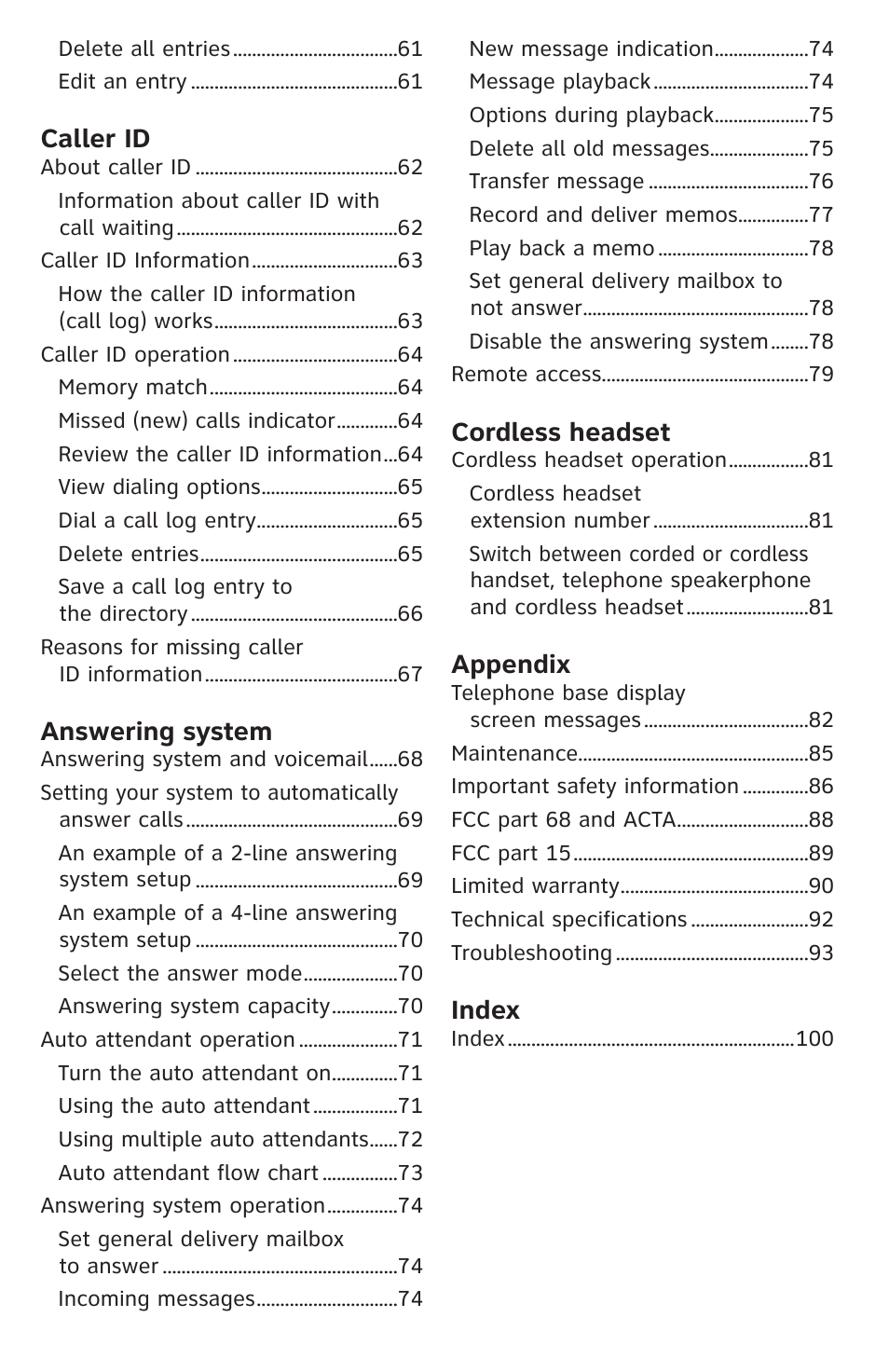 Caller id, Answering system, Cordless headset | Appendix, Index | AT&T SB67138 User Manual | Page 6 / 110