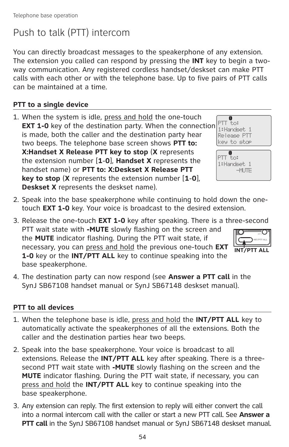 Push to talk (ptt) intercom, Ptt to a single device, Ptt to all devices | Ptt to a single device ptt to all devices | AT&T SB67138 User Manual | Page 60 / 110