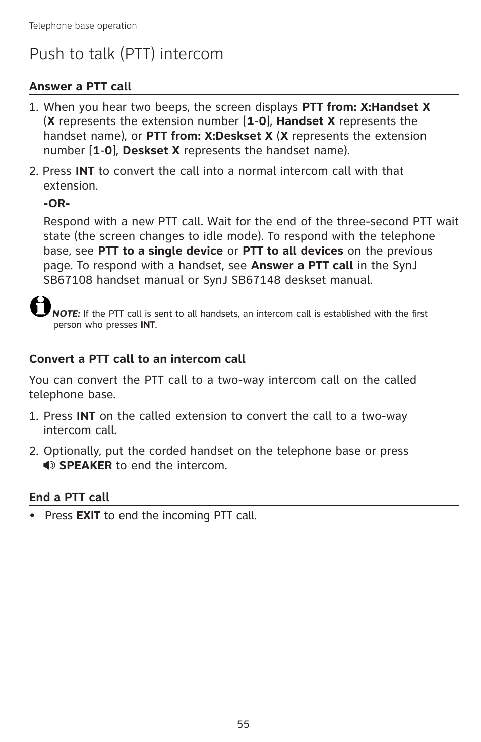 Answer a ptt call, Convert a ptt call to an intercom call, End a ptt call | Answer a ptt call convert a ptt call to an, Intercom call, Push to talk (ptt) intercom | AT&T SB67138 User Manual | Page 61 / 110