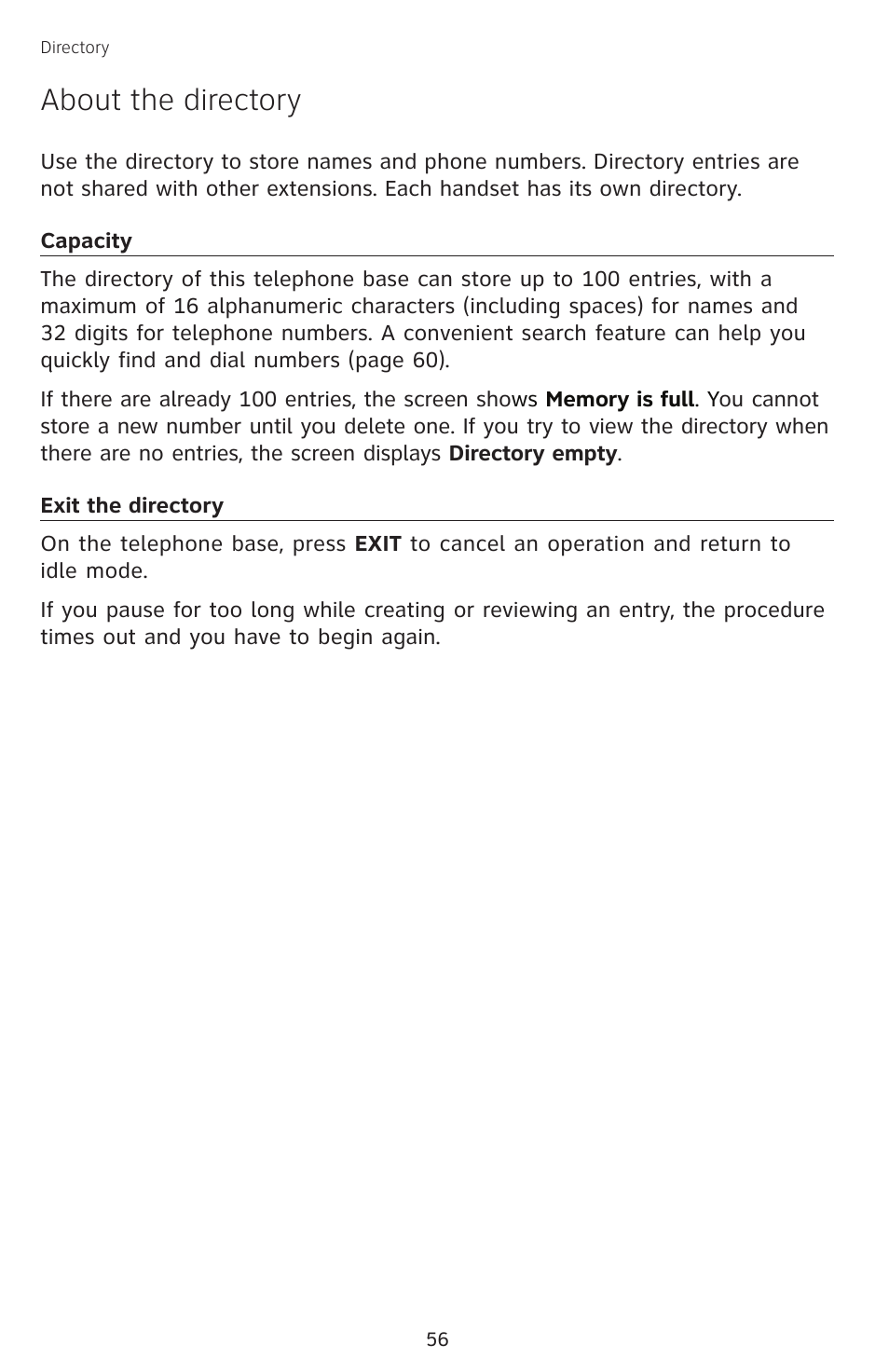 Directory, About the directory, Capacity | Exit the directory, Capacity exit the directory | AT&T SB67138 User Manual | Page 62 / 110