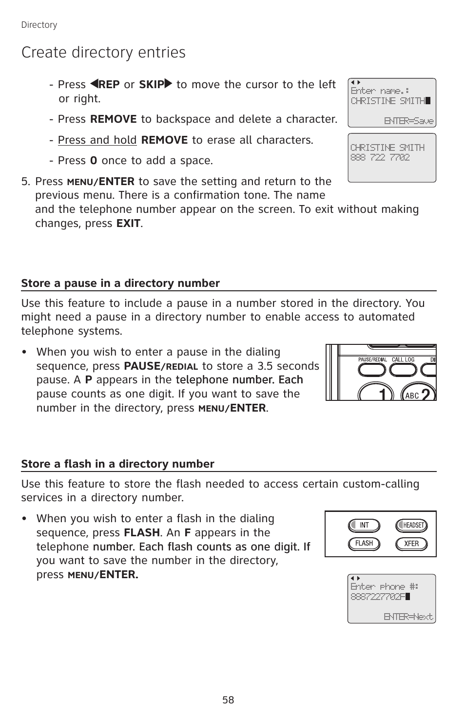 Store a pause in a directory number, Store a flash in a directory number, Store a pause in a | Directory number, Store a flash in a, Create directory entries | AT&T SB67138 User Manual | Page 64 / 110