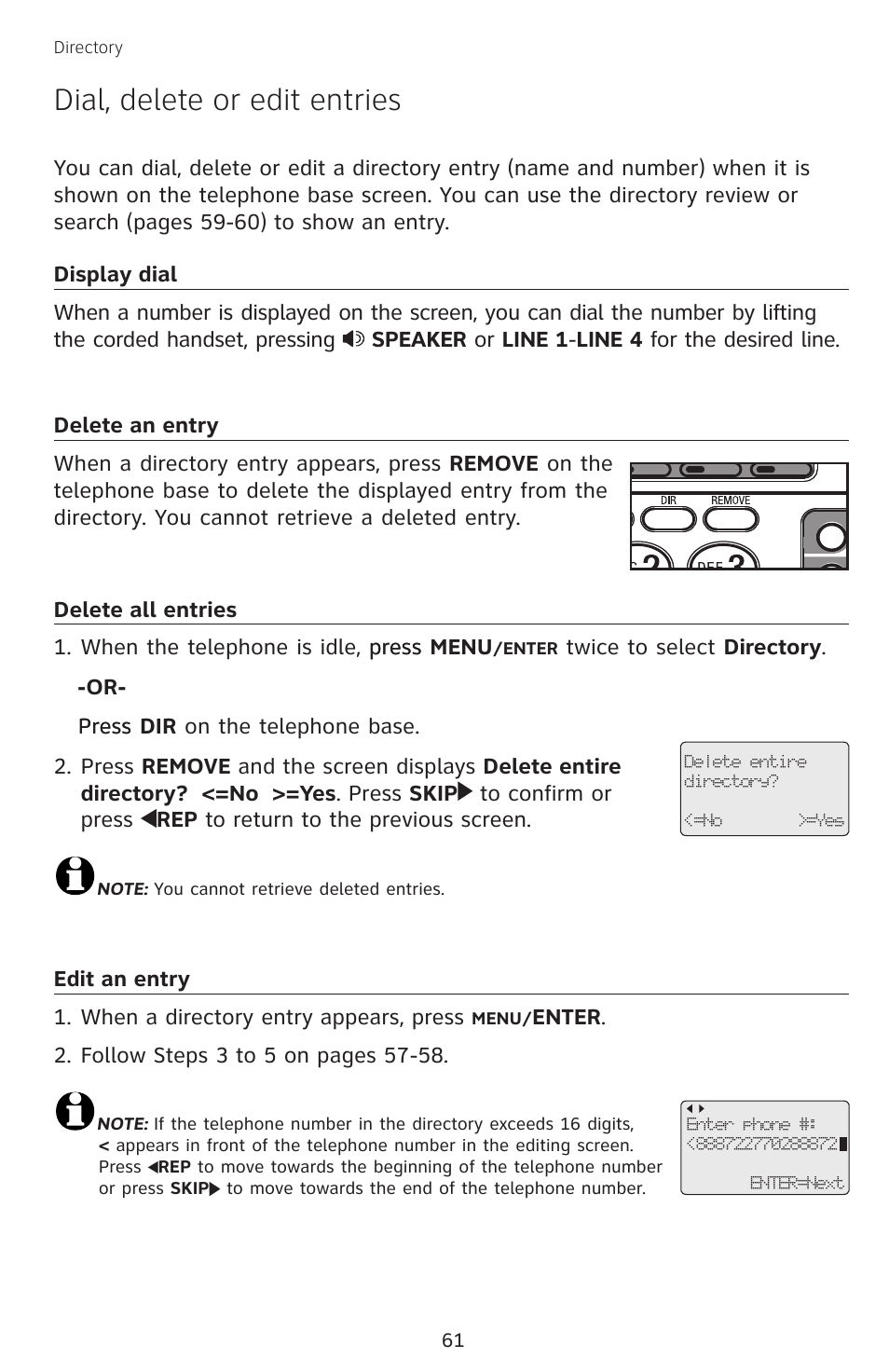 Dial, delete or edit entries, Display dial, Delete an entry | Delete all entries, Edit an entry, Display dial delete an entry, Delete all entries edit an entry | AT&T SB67138 User Manual | Page 67 / 110