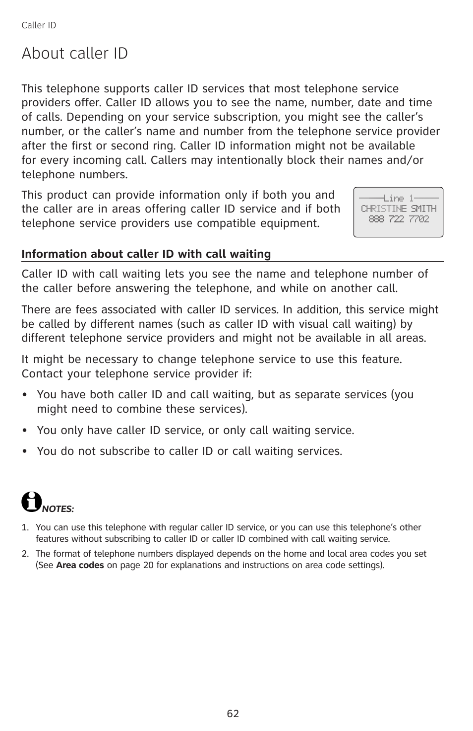 Caller id, About caller id, Information about caller id with call waiting | Information about caller id with, Call waiting | AT&T SB67138 User Manual | Page 68 / 110