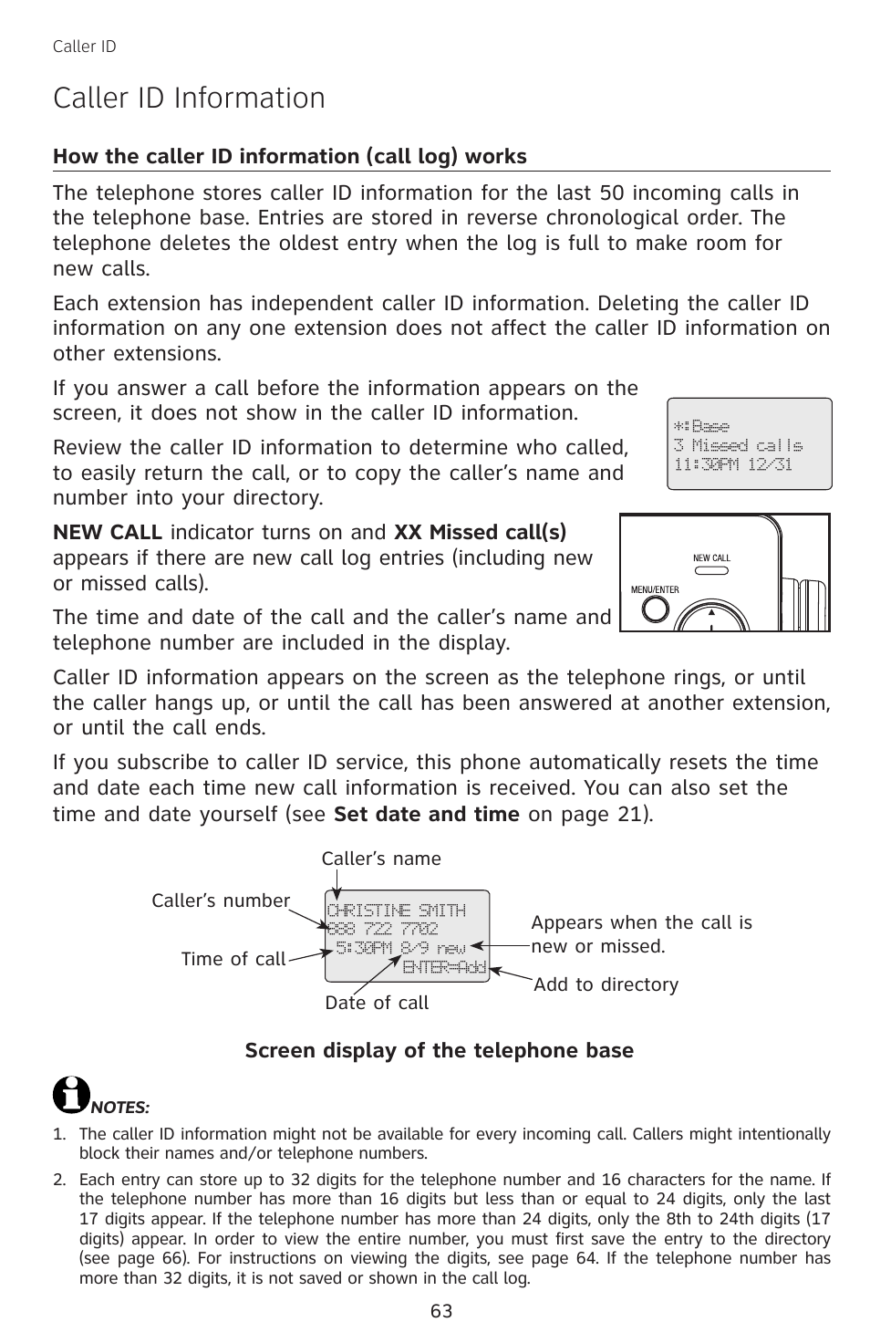 Caller id information, How the caller id information (call log) works, How the caller id information | Call log) works, Screen display of the telephone base | AT&T SB67138 User Manual | Page 69 / 110