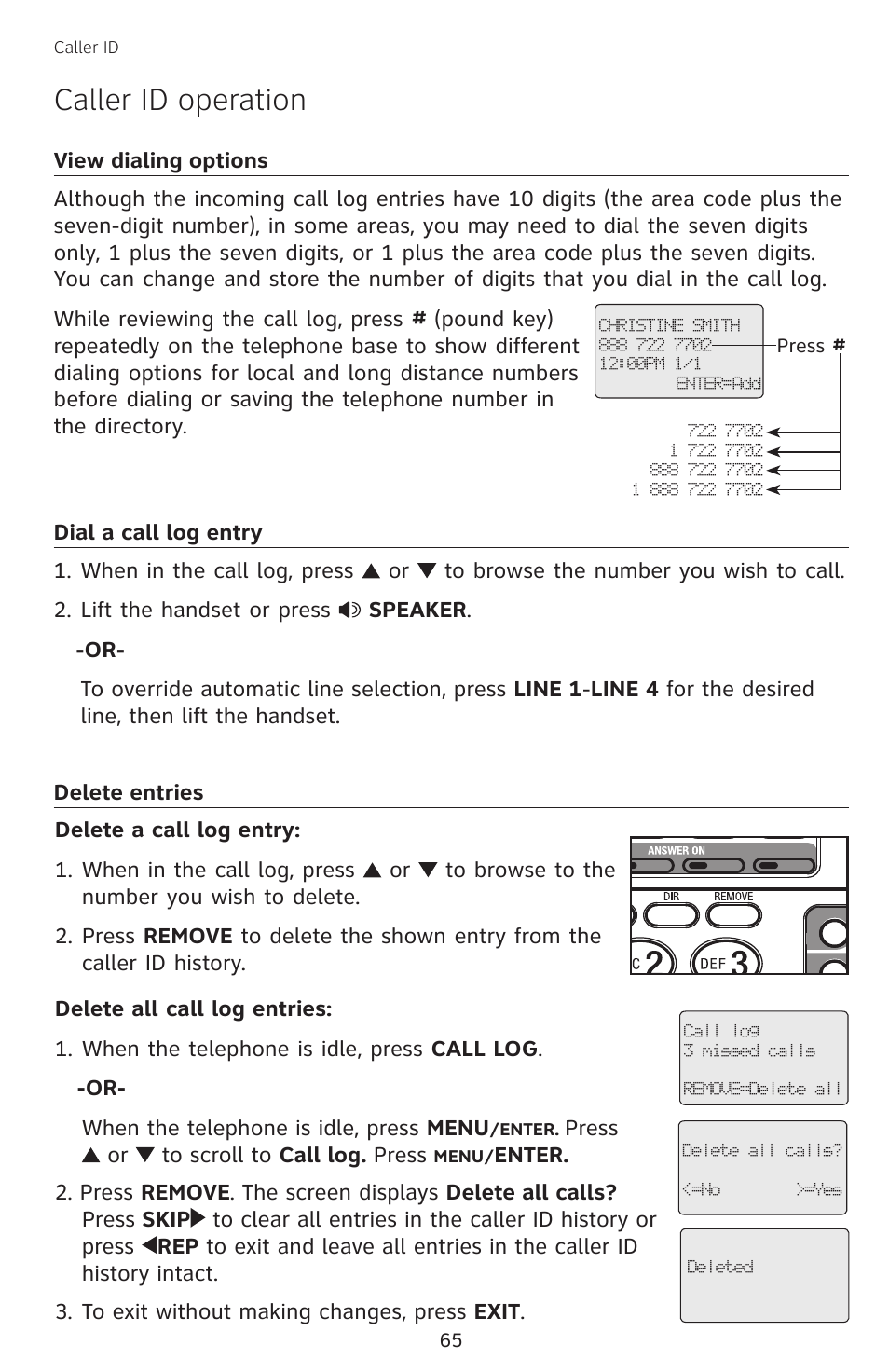 View dialing options, Dial a call log entry, Delete entries | Caller id operation | AT&T SB67138 User Manual | Page 71 / 110