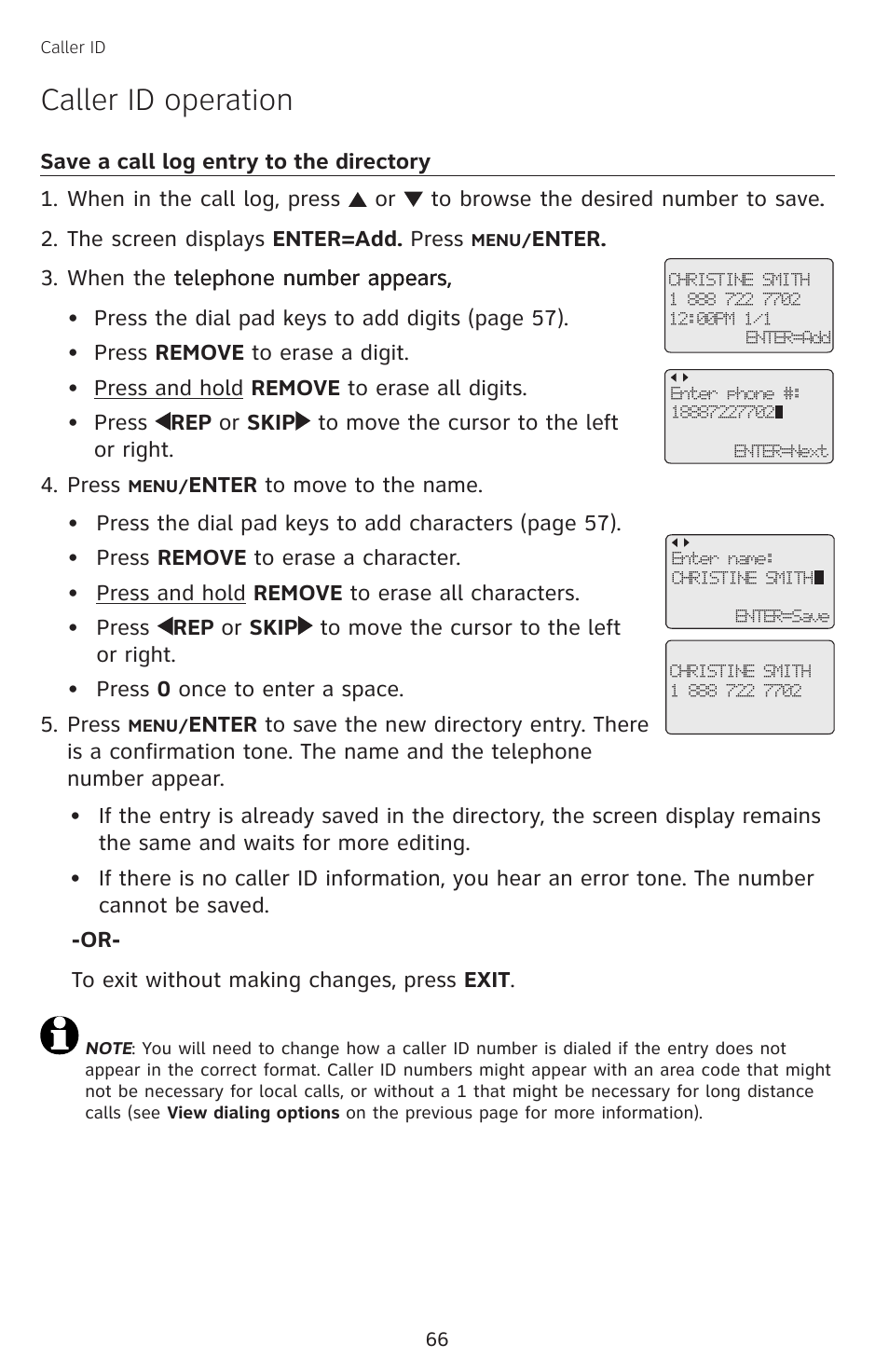 Save a call log entry to the directory, Save a call log entry to, The directory | Caller id operation | AT&T SB67138 User Manual | Page 72 / 110