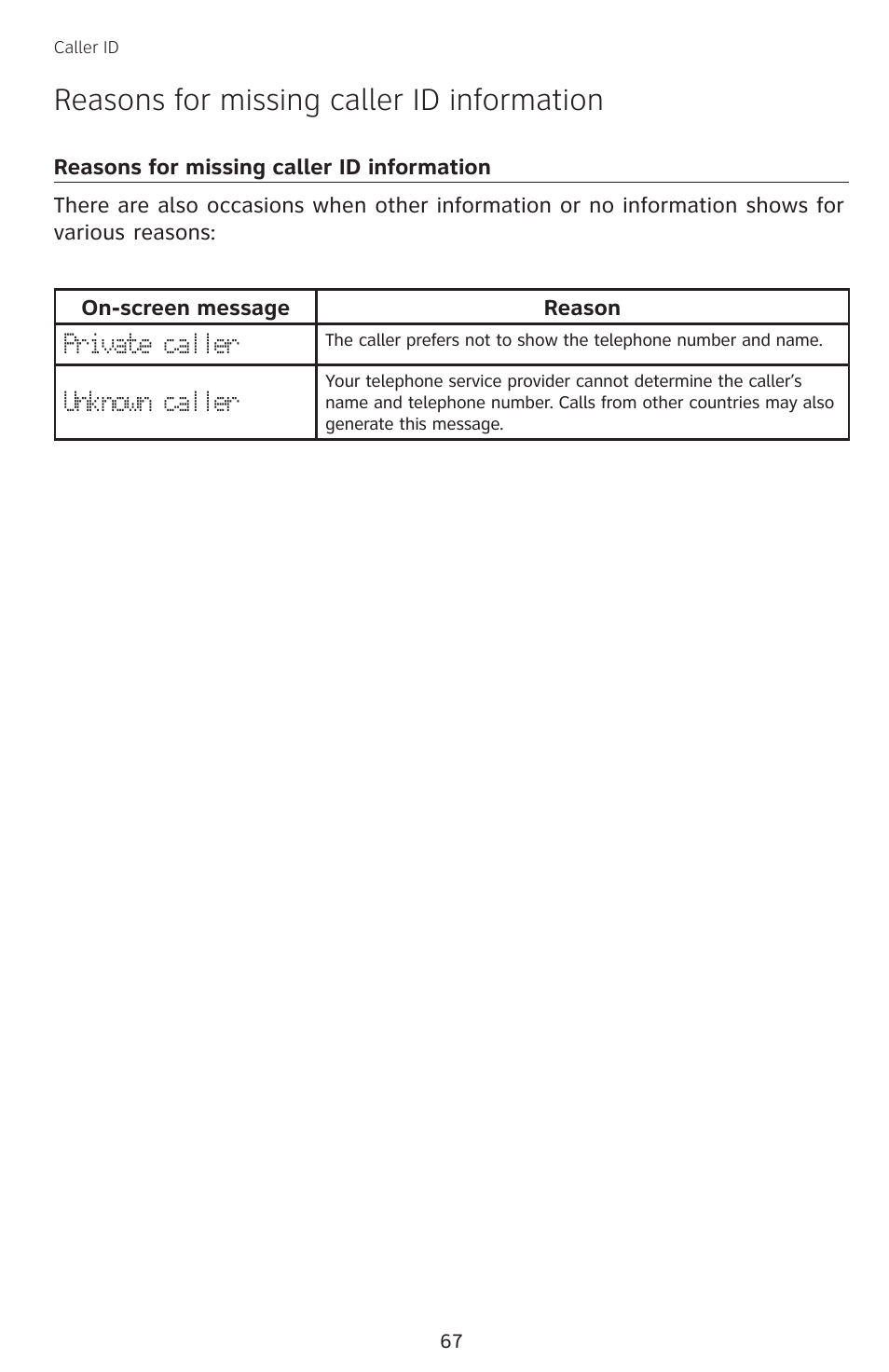 Reasons for missing caller id information, Reasons for missing caller, Id information | AT&T SB67138 User Manual | Page 73 / 110
