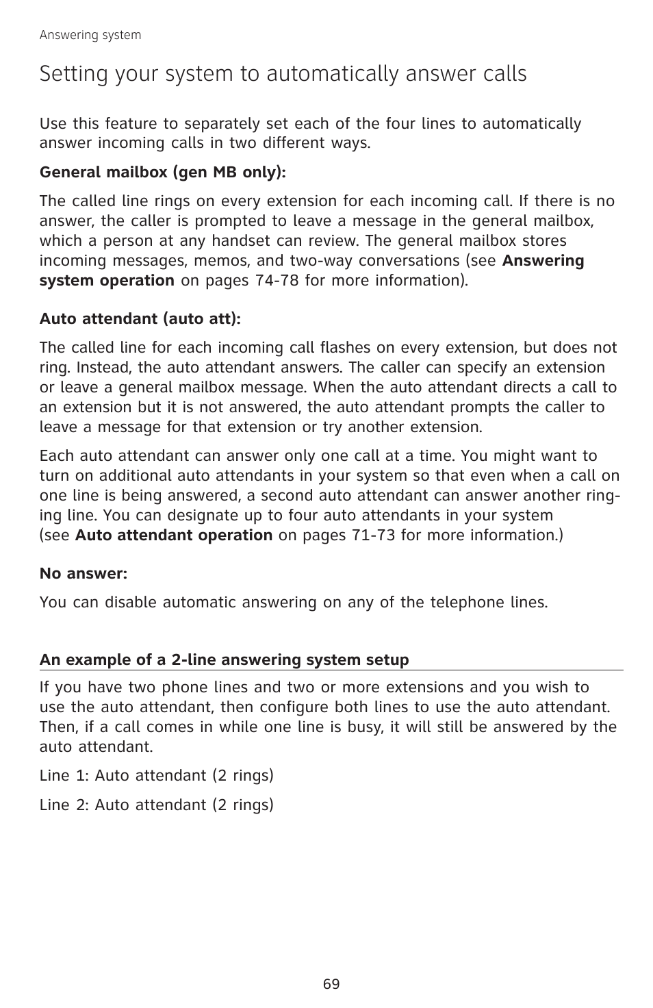 Setting your system to automatically answer calls, An example of a 2-line answering system setup, Setting your system to automatically | Answer calls, An example of a 2-line answering, System setup | AT&T SB67138 User Manual | Page 75 / 110