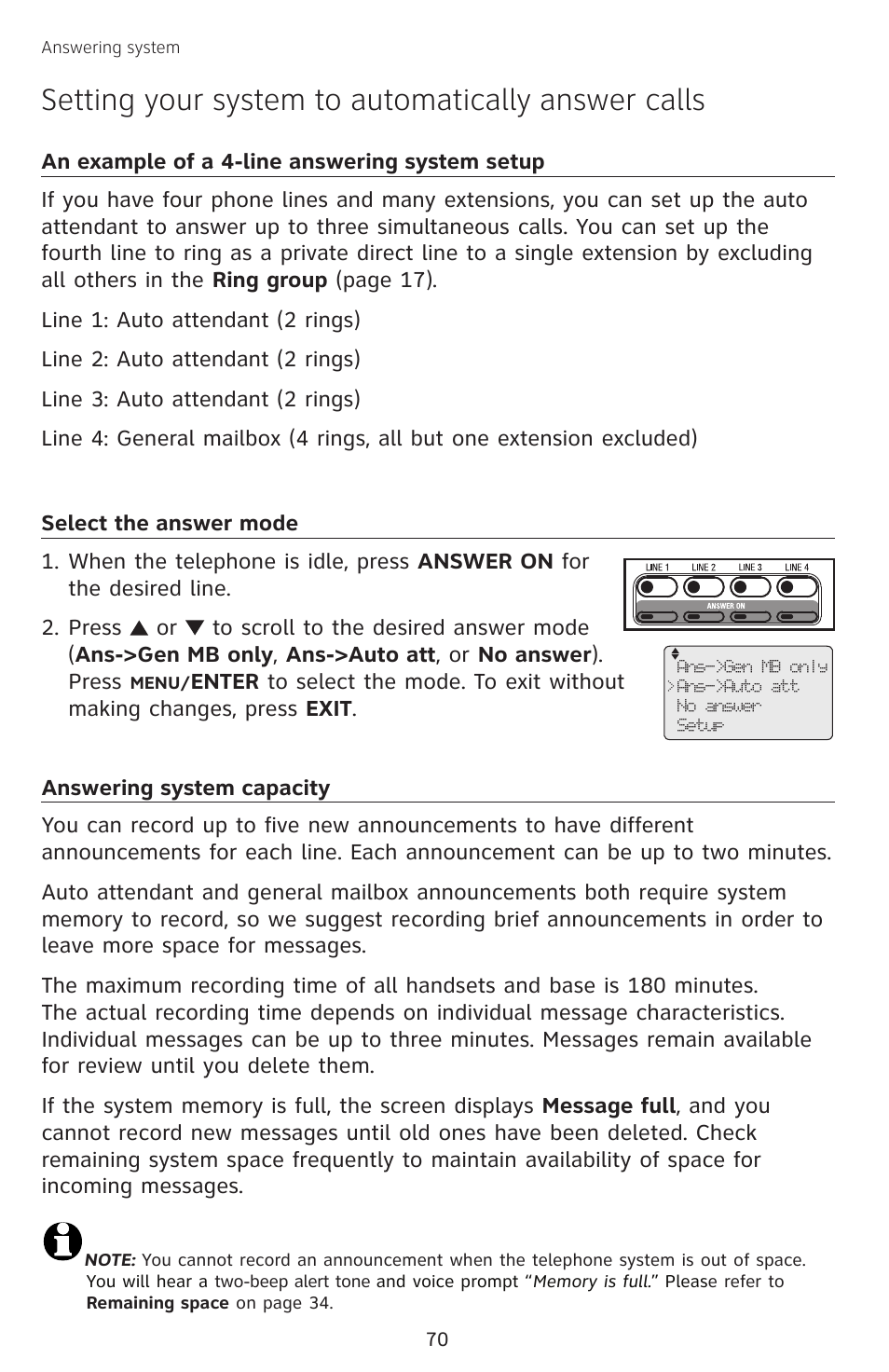 An example of a 4-line answering system setup, Select the answer mode, Answering system capacity | An example of a 4-line answering, System setup, Select the answer mode answering system capacity, Setting your system to automatically answer calls | AT&T SB67138 User Manual | Page 76 / 110