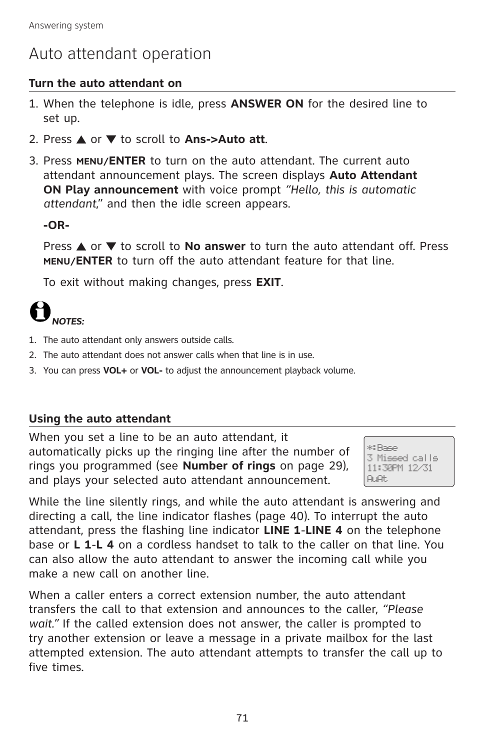 Auto attendant operation, Turn the auto attendant on, Using the auto attendant | AT&T SB67138 User Manual | Page 77 / 110