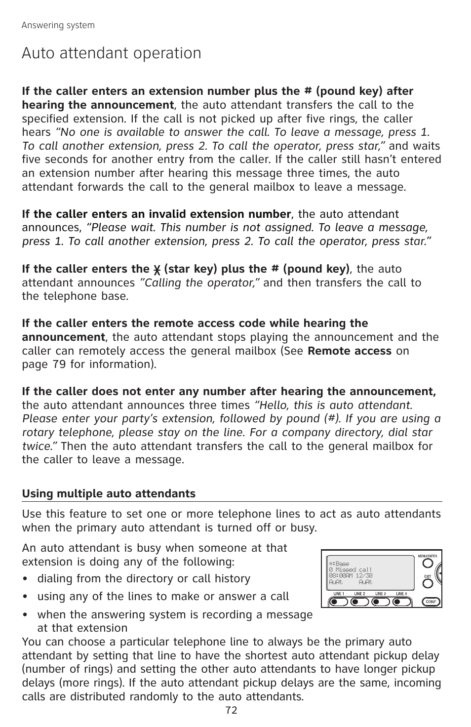 Using multiple auto attendants, Auto attendant operation | AT&T SB67138 User Manual | Page 78 / 110