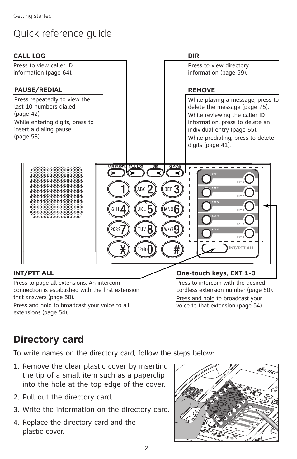 Quick reference guide directory card, Pause/redial, Call log | Remove, One-touch keys, ext 1-0, Int/ptt all /ptt all | AT&T SB67138 User Manual | Page 8 / 110