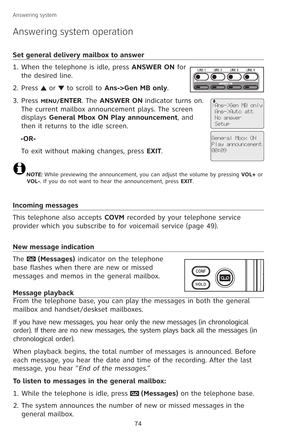 Answering system operation, Set general delivery mailbox to answer, Incoming messages | New message indication, Message playback, Set general delivery mailbox, To answer, New message indication message playback | AT&T SB67138 User Manual | Page 80 / 110