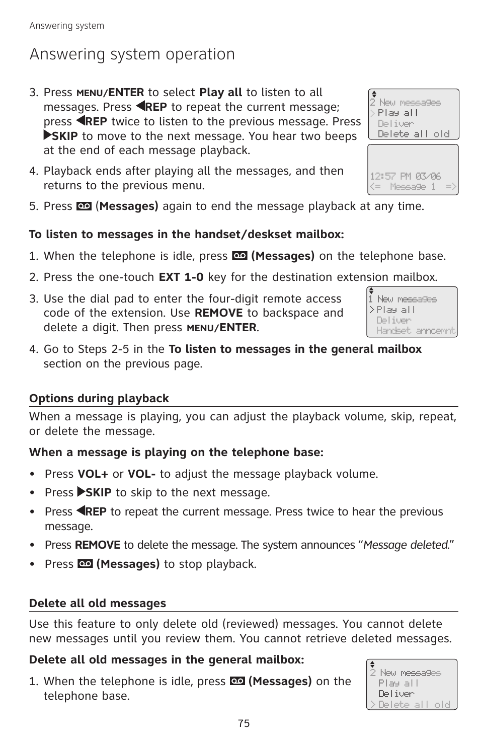 Options during playback, Delete all old messages, Options during playback delete all old messages | Answering system operation | AT&T SB67138 User Manual | Page 81 / 110