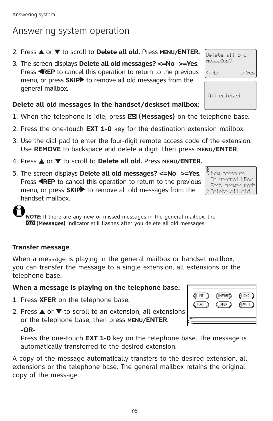 Transfer message, Answering system operation | AT&T SB67138 User Manual | Page 82 / 110