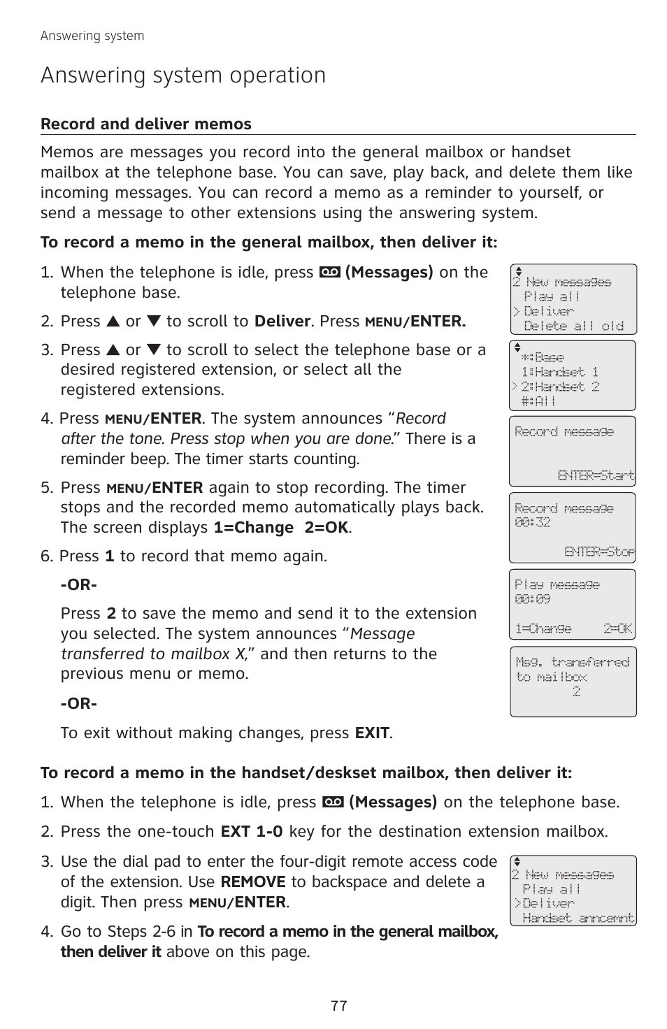Record and deliver memos, Answering system operation | AT&T SB67138 User Manual | Page 83 / 110
