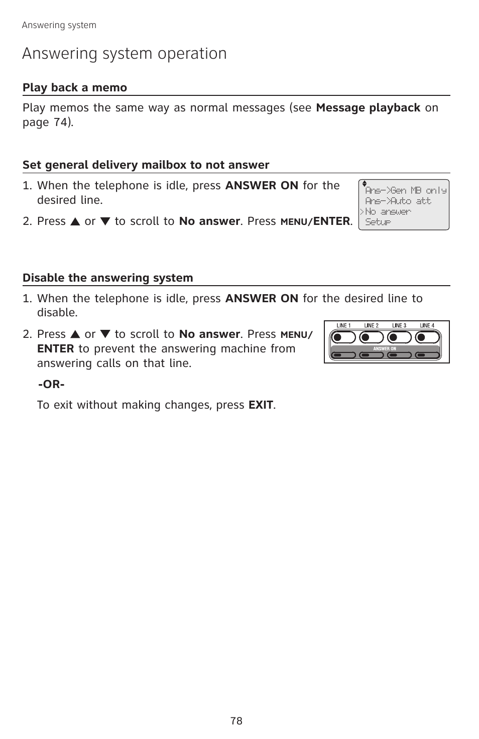 Play back a memo, Set general delivery mailbox to not answer, Disable the answering system | Play back a memo set general delivery mailbox to, Not answer, Answering system operation | AT&T SB67138 User Manual | Page 84 / 110