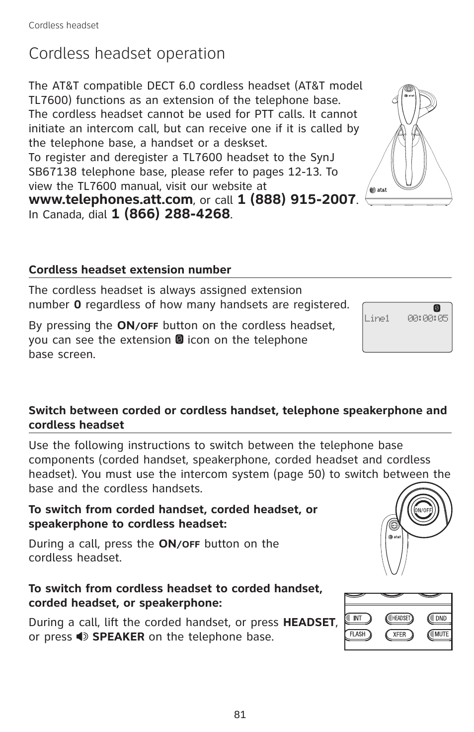 Cordless headset, Cordless headset operation, Cordless headset extension number | Extension number, Switch between corded or cordless | AT&T SB67138 User Manual | Page 87 / 110