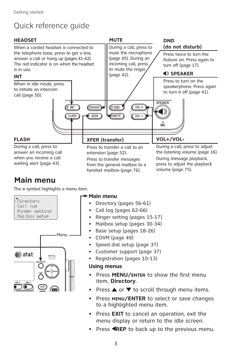 Quick reference guide, Main menu | AT&T SB67138 User Manual | Page 9 / 110