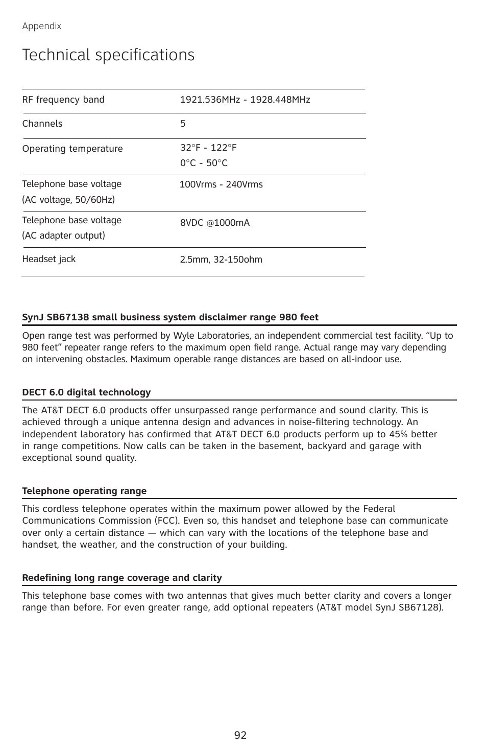 Technical specifications | AT&T SB67138 User Manual | Page 98 / 110
