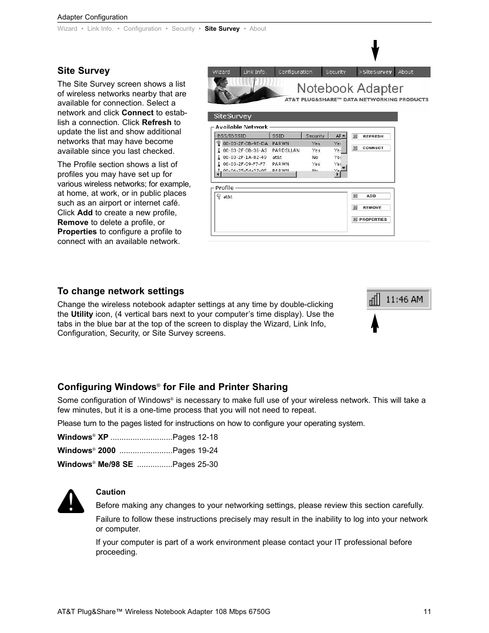Site survey, Configuring windows, For file and printer sharing | AT&T PLUG&SHARETM 6750G User Manual | Page 11 / 39