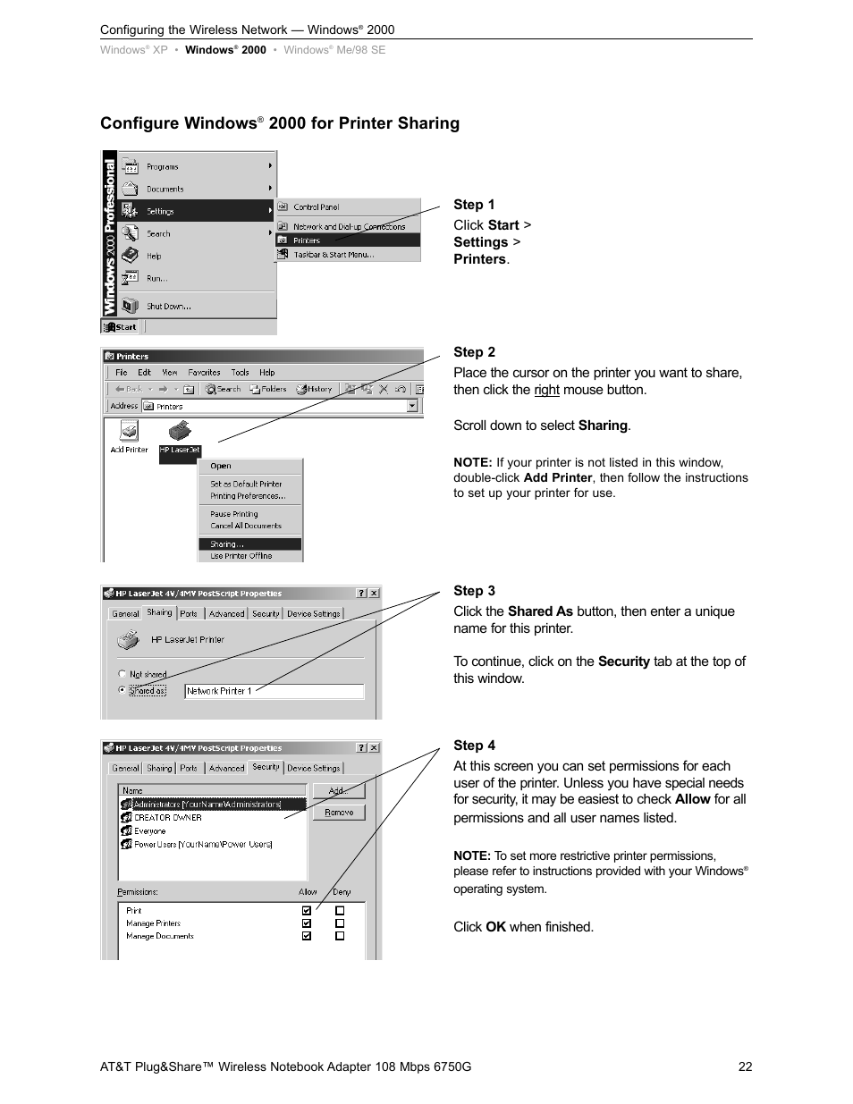 Configure windows, 2000 for printer sharing | AT&T PLUG&SHARETM 6750G User Manual | Page 22 / 39