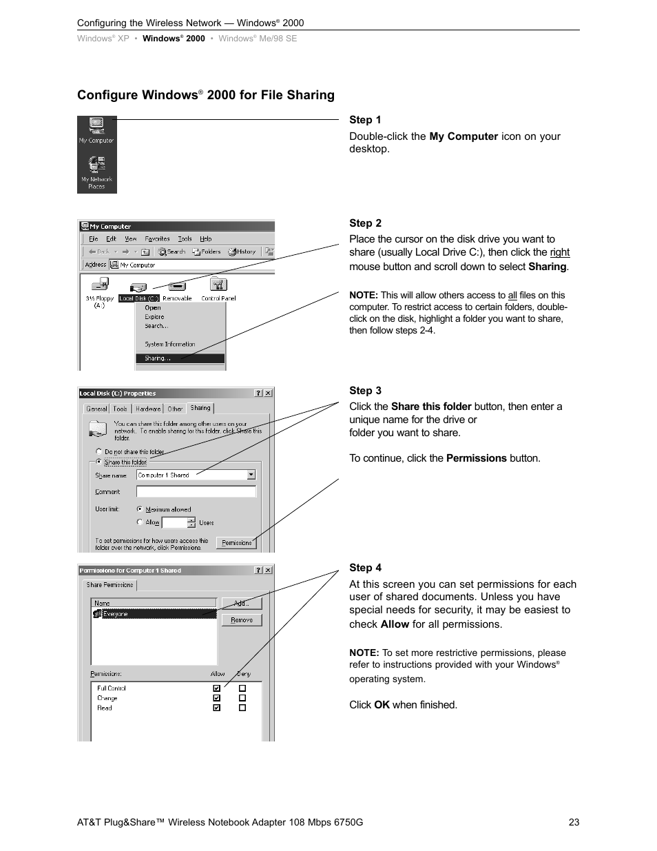 Configure windows, 2000 for file sharing | AT&T PLUG&SHARETM 6750G User Manual | Page 23 / 39