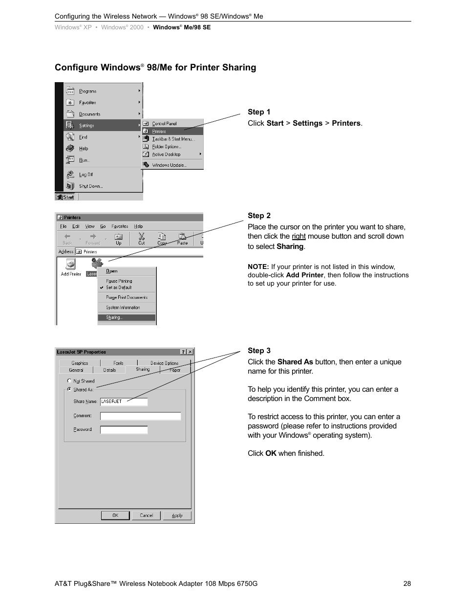 Configure windows, 98/me for printer sharing | AT&T PLUG&SHARETM 6750G User Manual | Page 28 / 39