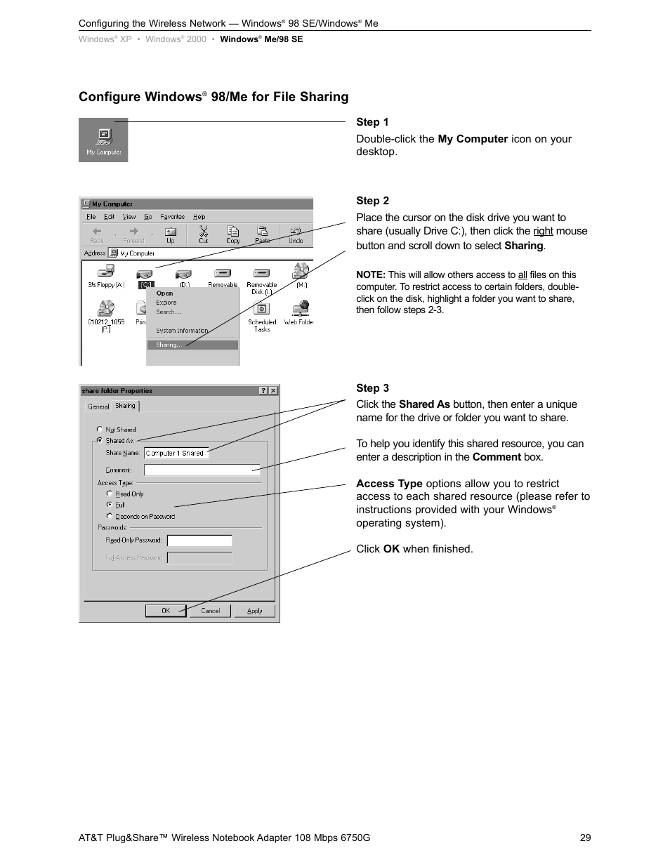 Configure windows, 98/me for file sharing | AT&T PLUG&SHARETM 6750G User Manual | Page 29 / 39