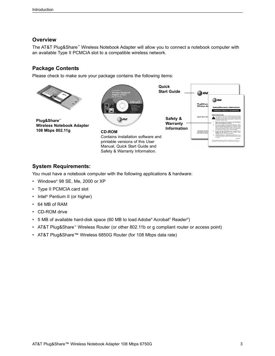 Overview, Package contents, System requirements | AT&T PLUG&SHARETM 6750G User Manual | Page 3 / 39
