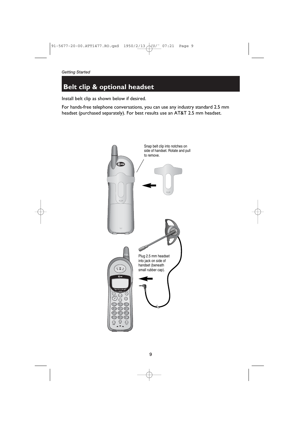 Belt clip & optional headset | AT&T 1477/1177 User Manual | Page 11 / 47