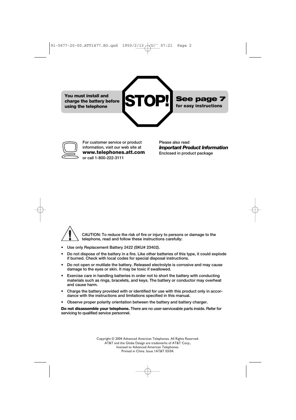 Stop, See page 7 | AT&T 1477/1177 User Manual | Page 2 / 47