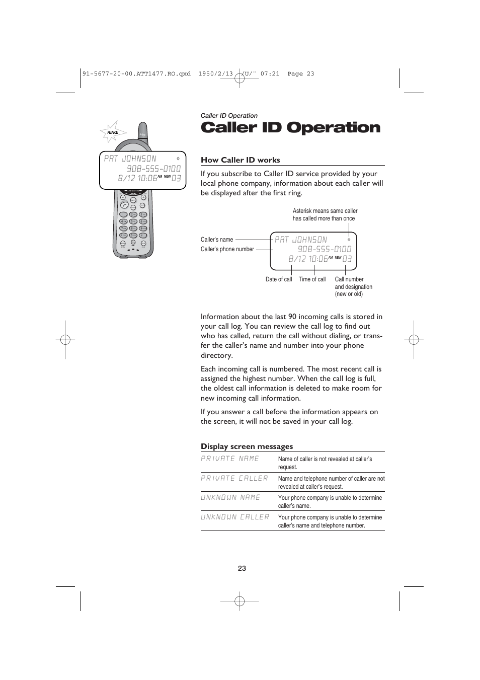 Caller id operation | AT&T 1477/1177 User Manual | Page 25 / 47