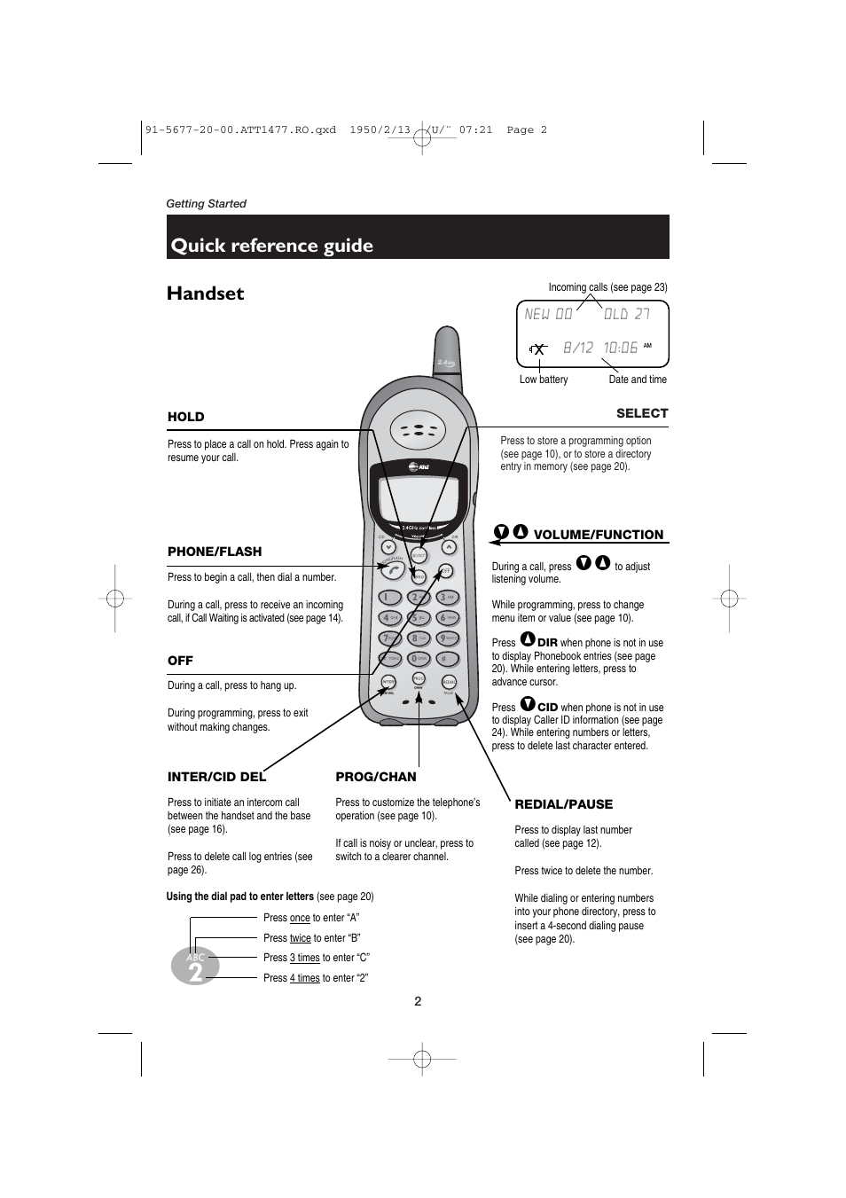 Quick reference guide, Handset | AT&T 1477/1177 User Manual | Page 4 / 47