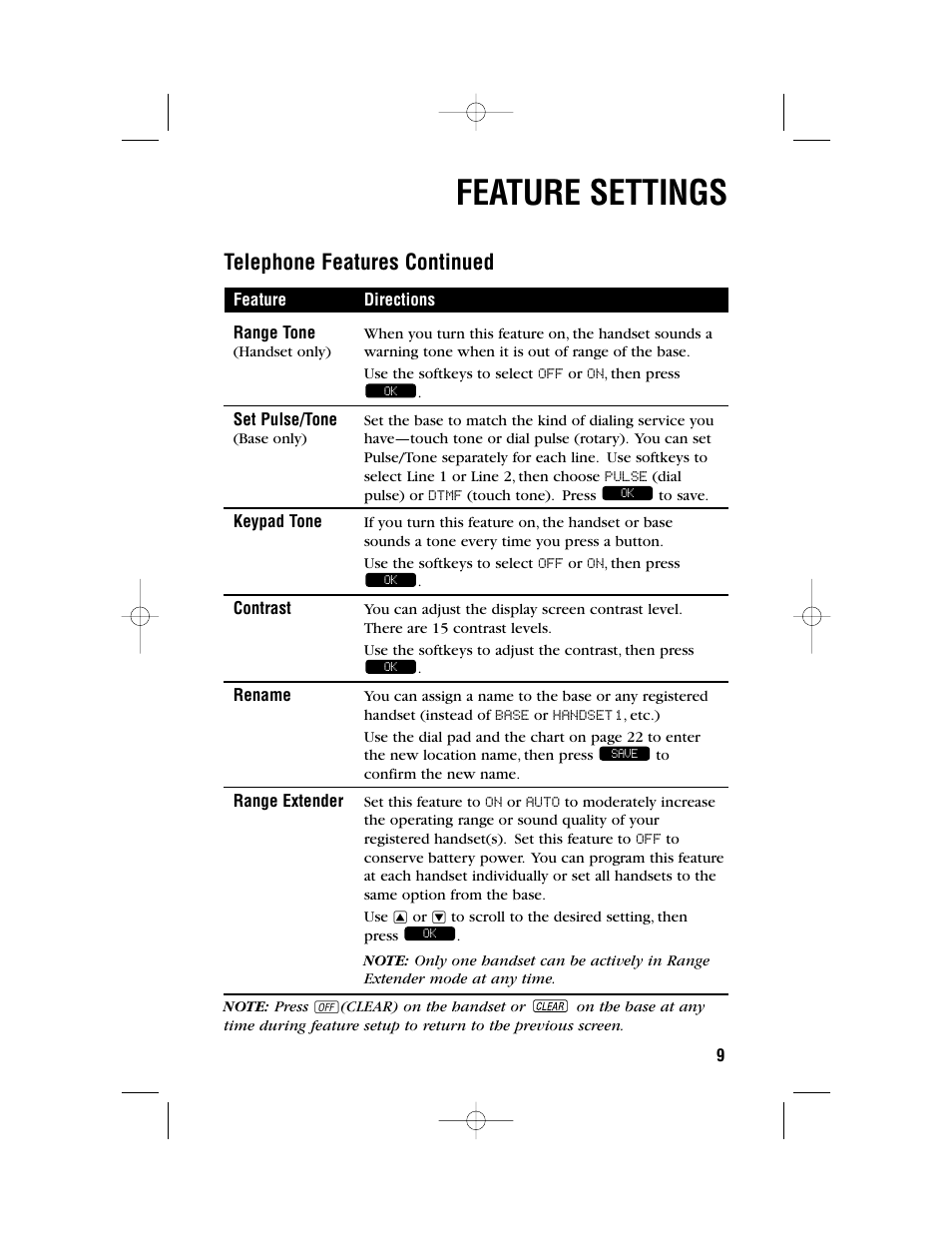 Feature settings, Telephone features continued | AT&T 2462 User Manual | Page 12 / 50