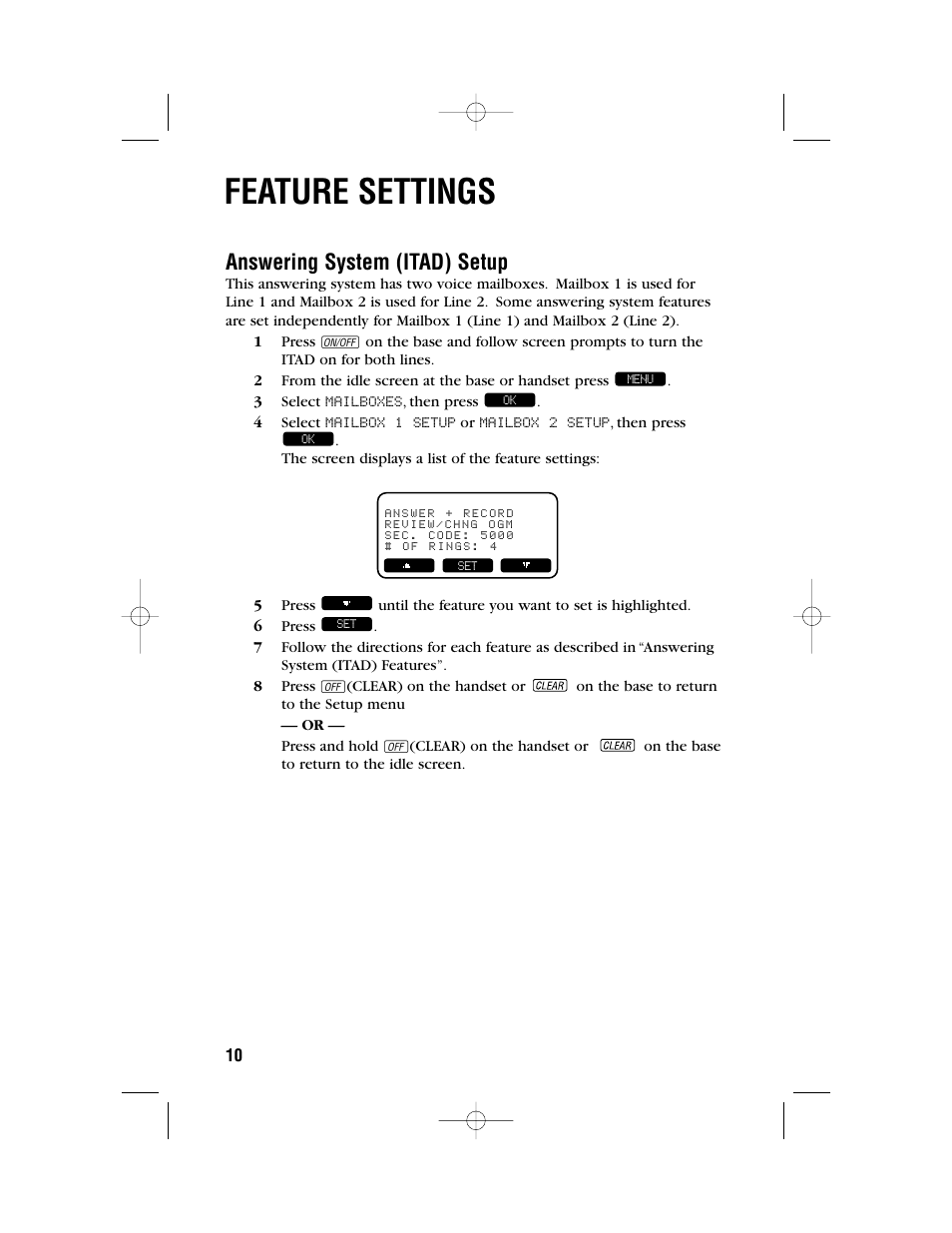 Feature settings, Answering system (itad) setup | AT&T 2462 User Manual | Page 13 / 50