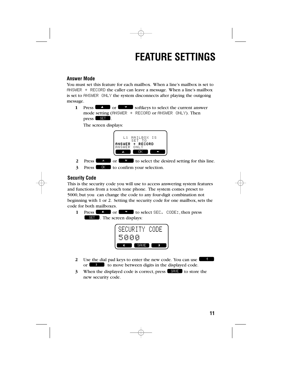 Feature settings, Security code 5 0 0 0 | AT&T 2462 User Manual | Page 14 / 50
