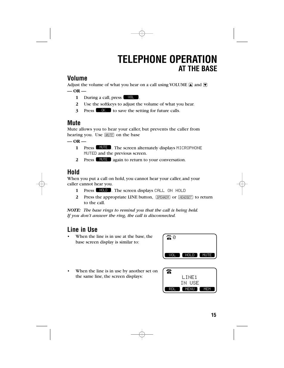 Telephone operation, At the base, Volume | Mute, Hold, Line in use | AT&T 2462 User Manual | Page 18 / 50