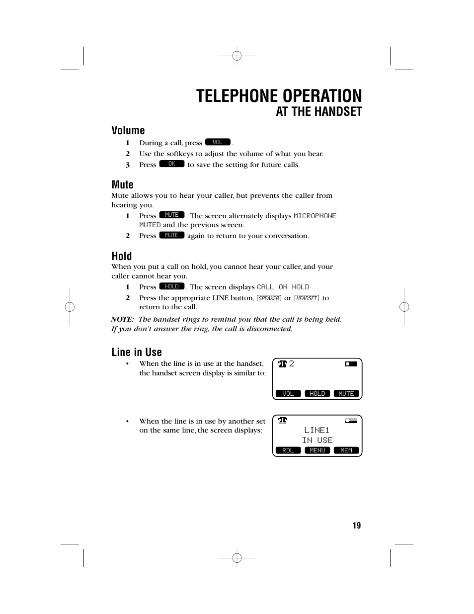 Telephone operation, At the handset, Volume | Mute, Hold, Line in use | AT&T 2462 User Manual | Page 22 / 50