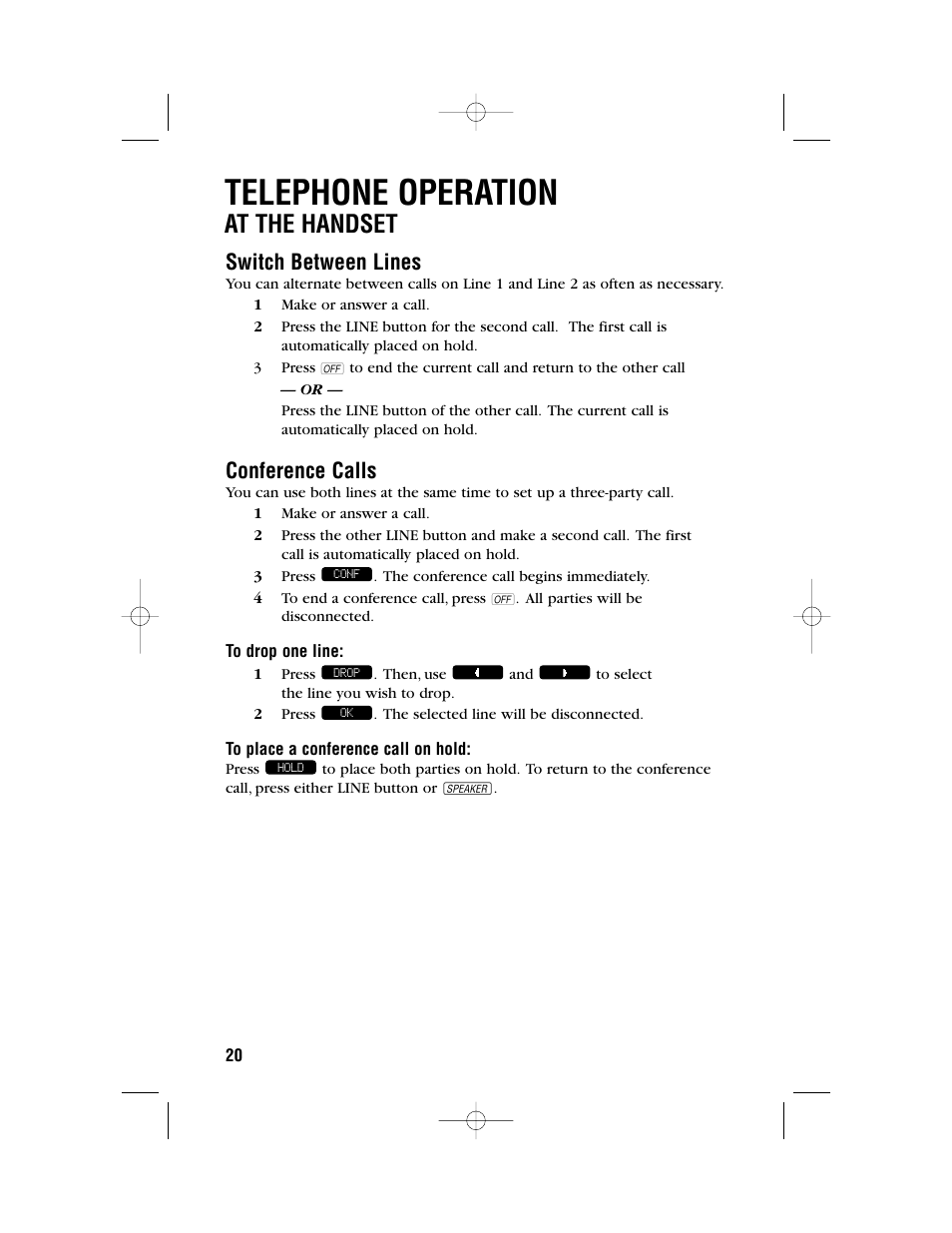 Telephone operation, At the handset, Switch between lines | Conference calls | AT&T 2462 User Manual | Page 23 / 50
